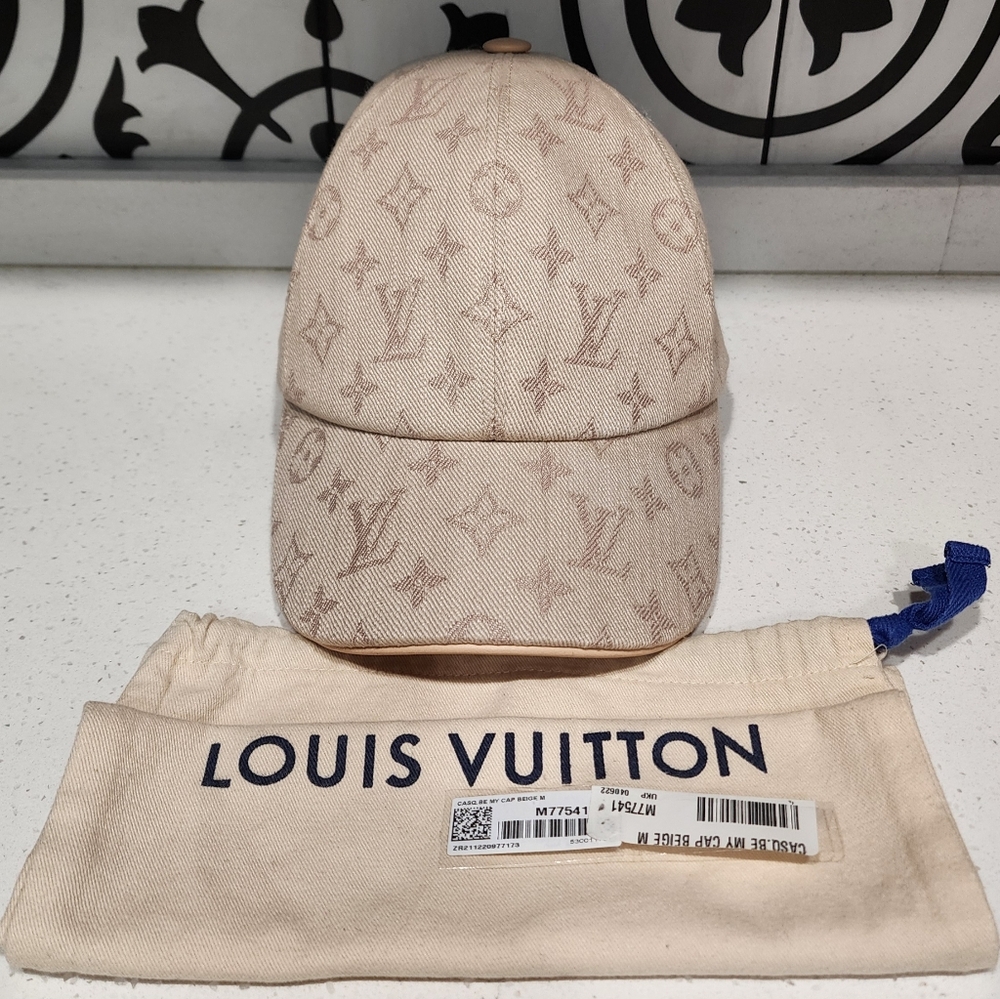 Louis Vuitton Beige Be My Cap Mono Logo Lamb Leather Silk Hat (M77541) Sz M
